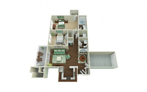 Floor plan for 2 beds, 2 baths, 1077 sqft